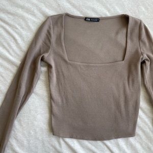 ZARA taupe square neck long sleeve top size medium